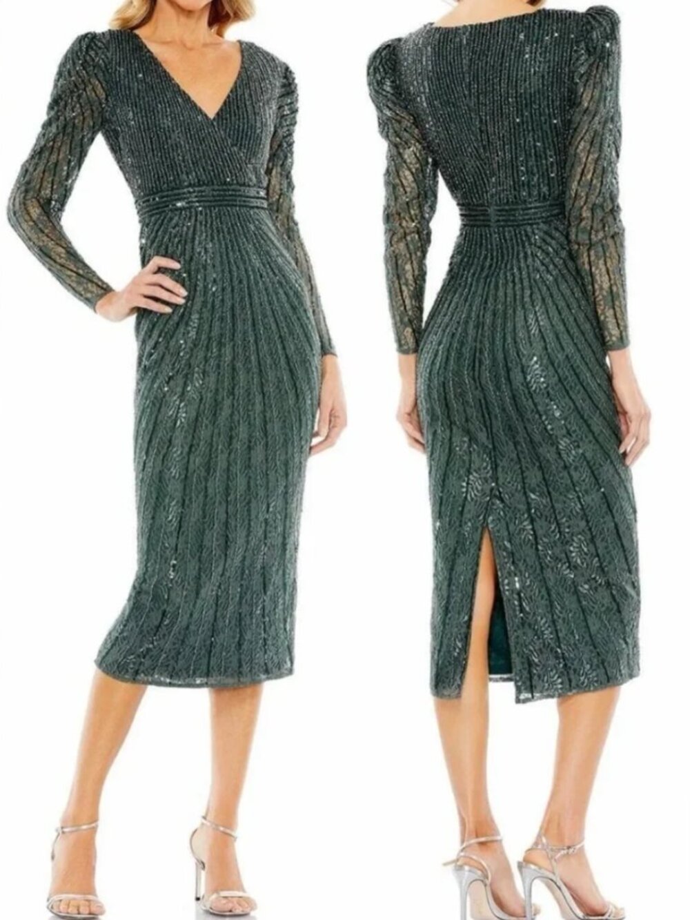 Mac Duggal Deep Green Beaded Lace Long Sleeve Midi Dress Size 0 NWT $538